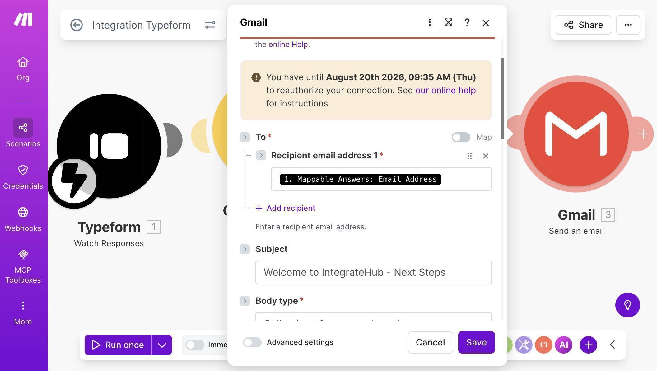 Gmail module — To field mapped to Typeform email, Subject line configured