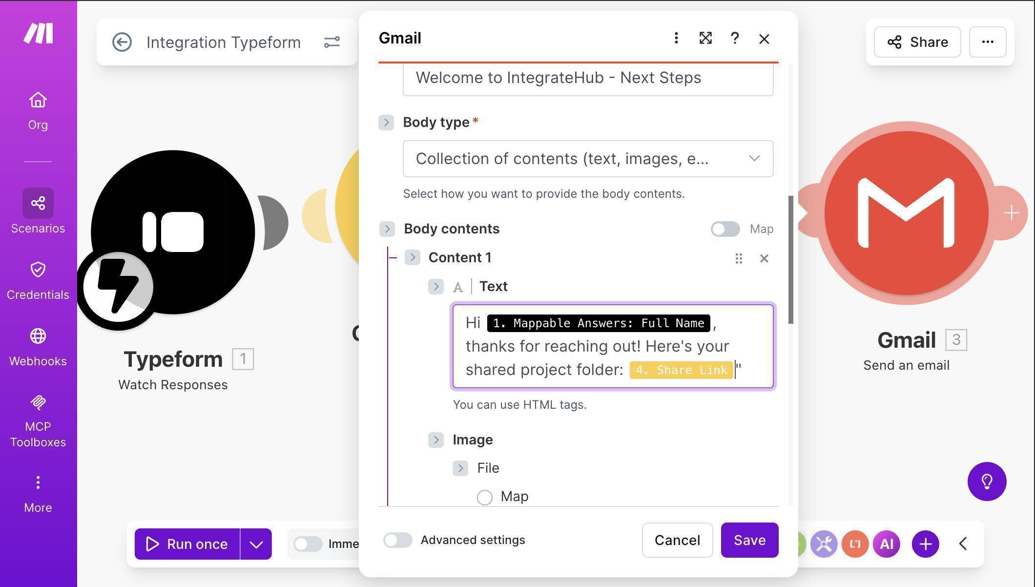 Gmail body with mapped fields — personalized greeting with client name and Google Drive folder link