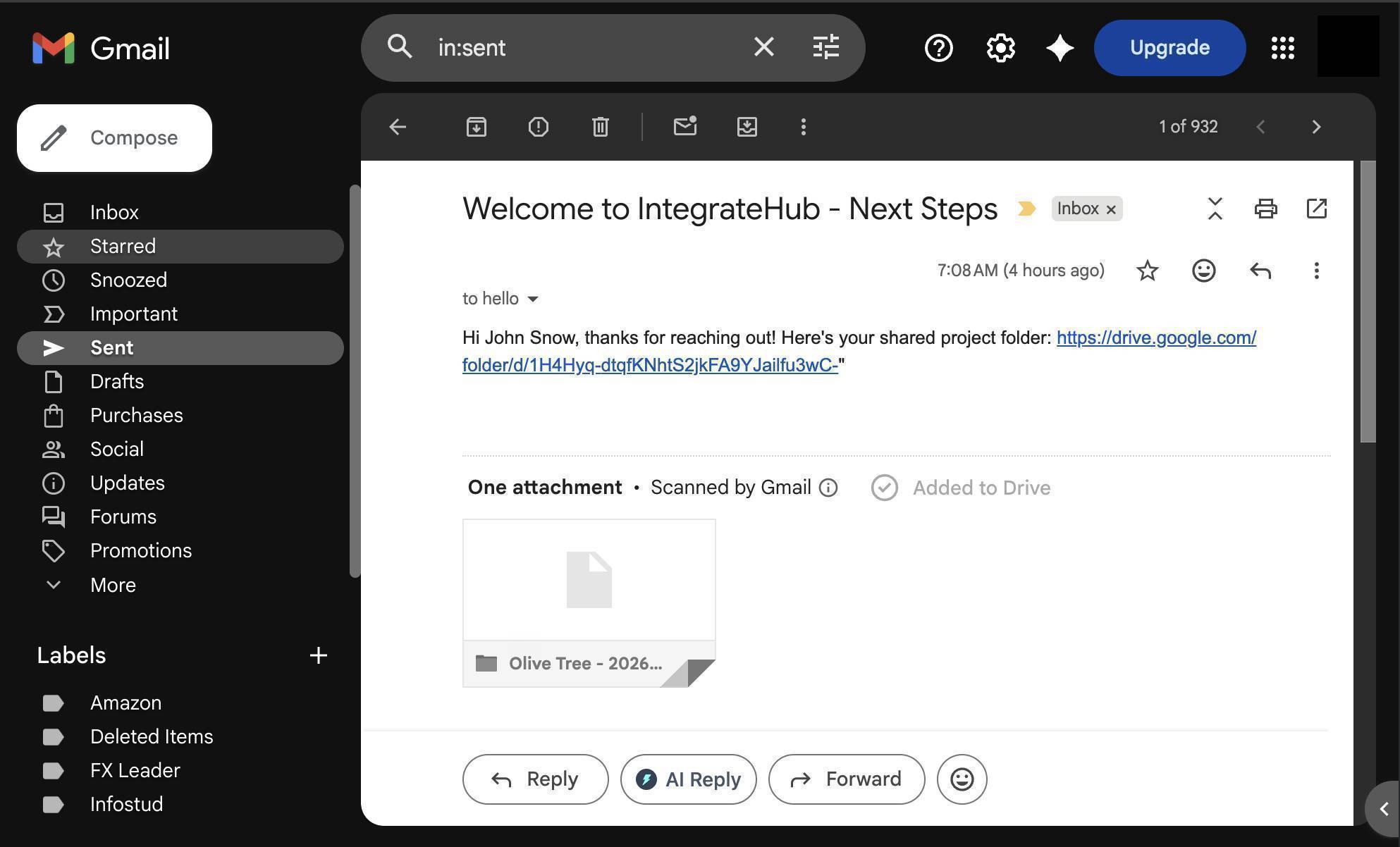 Gmail sent folder — welcome email with personalized greeting and Google Drive folder link delivered automatically
