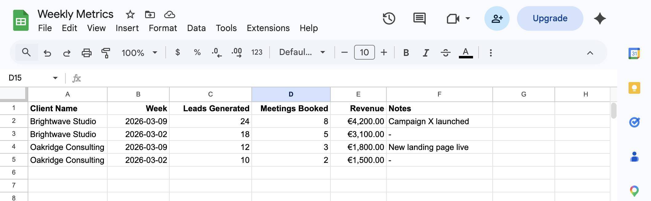 Weekly Metrics spreadsheet — leads, meetings, revenue, and notes per client per week