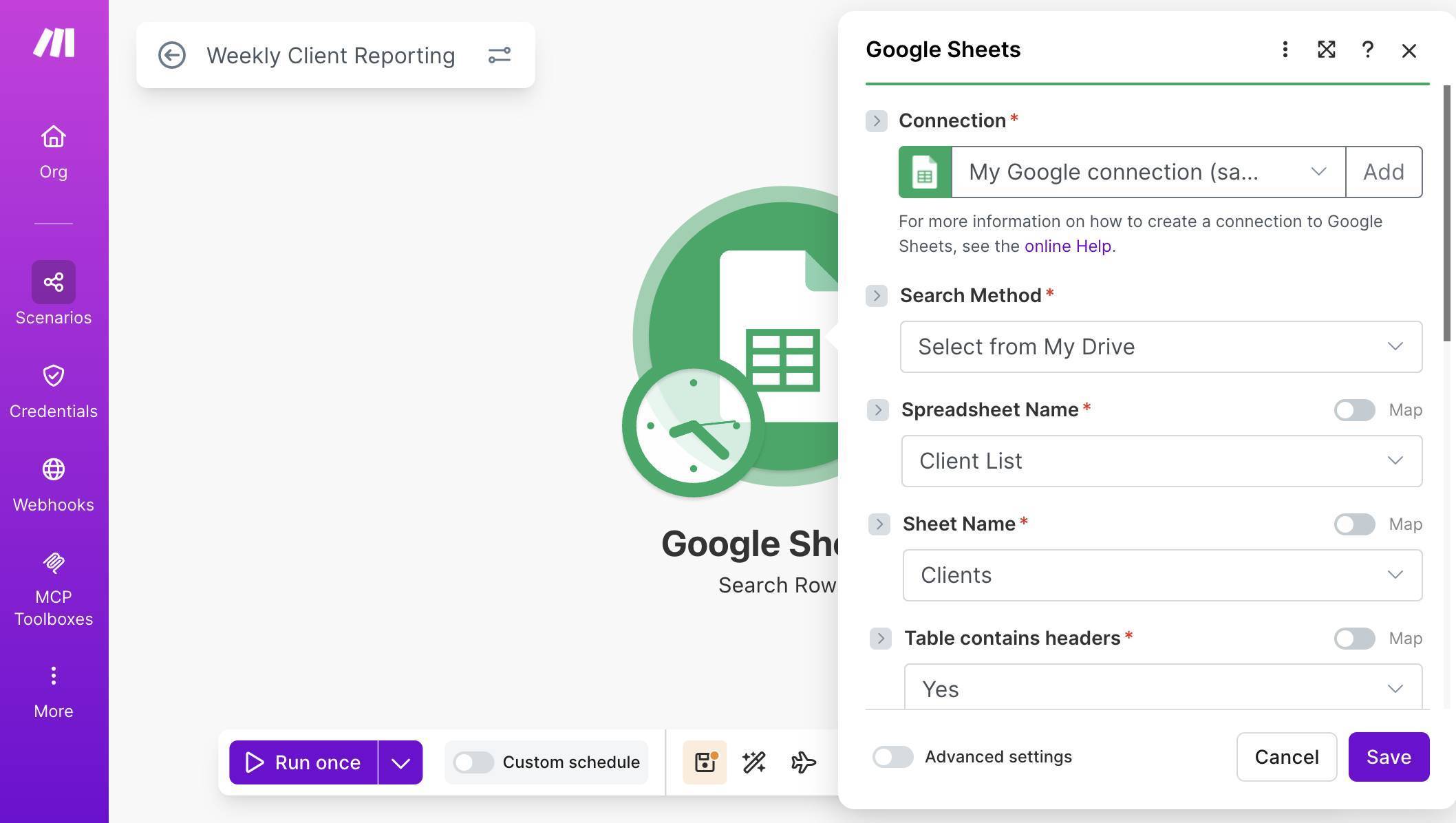 Google Sheets Search Rows — Client List spreadsheet and Clients sheet selected