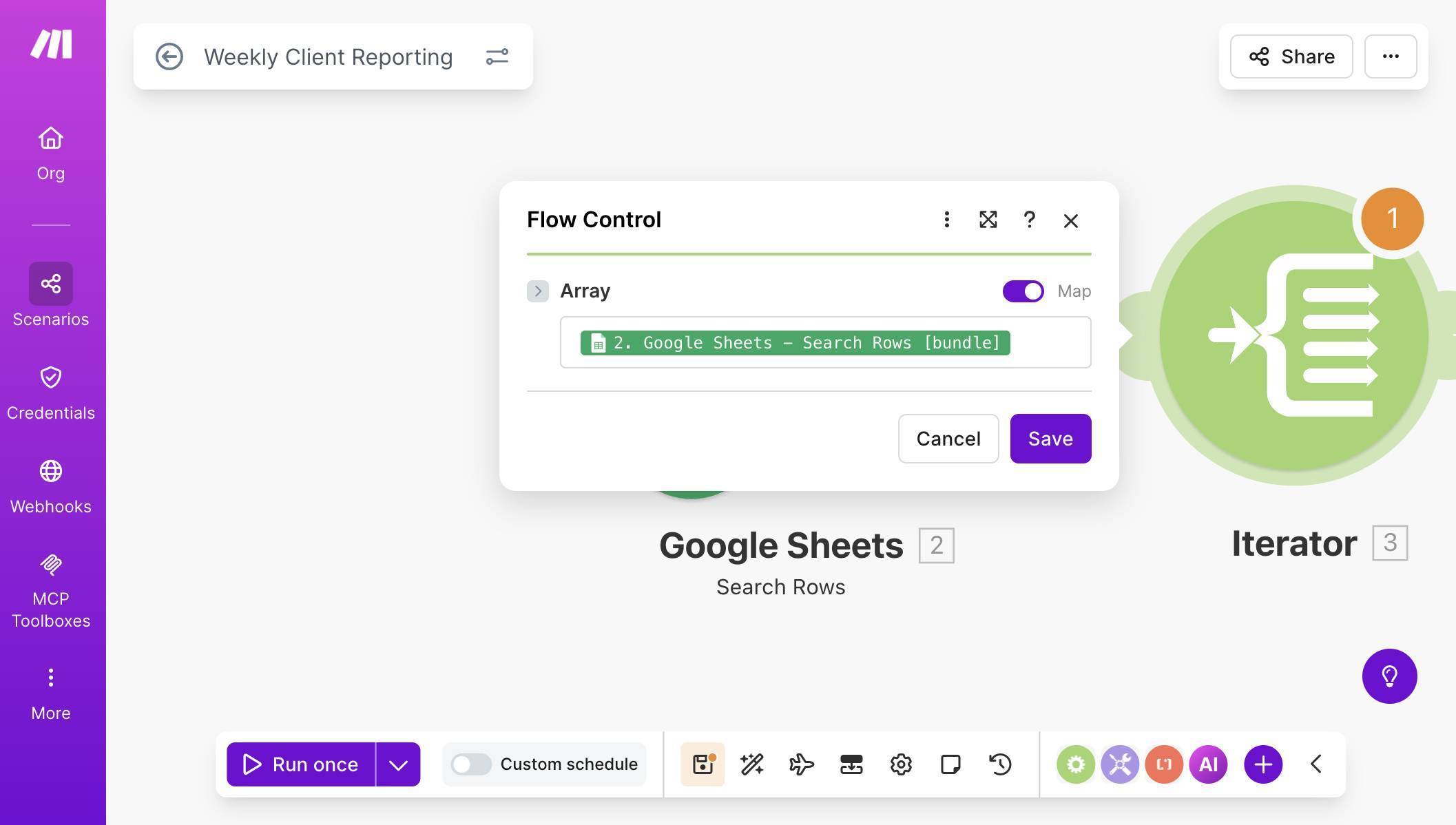Iterator module — Array mapped to Google Sheets Search Rows bundle output