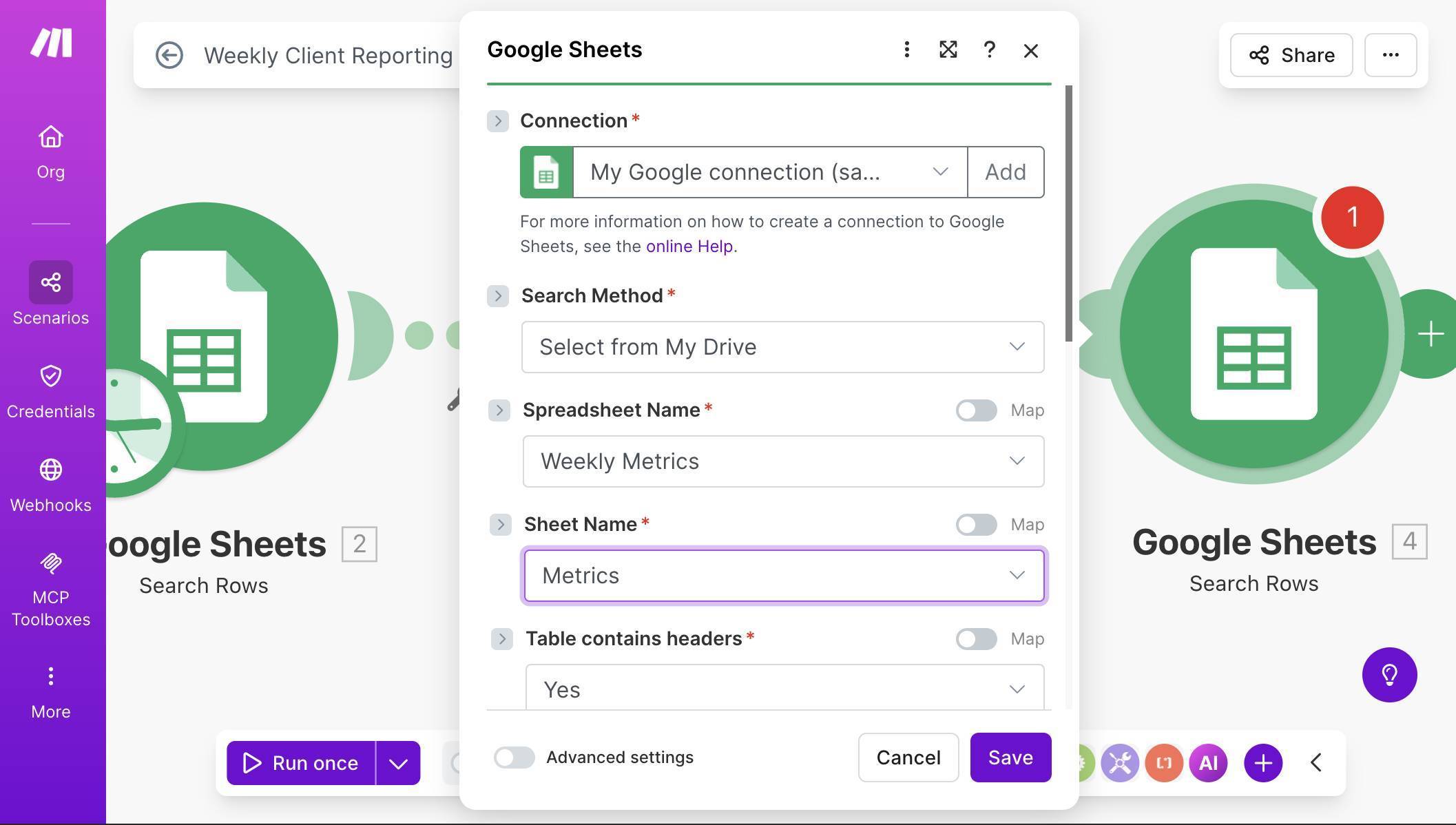 Second Google Sheets module — Weekly Metrics spreadsheet and Metrics sheet selected