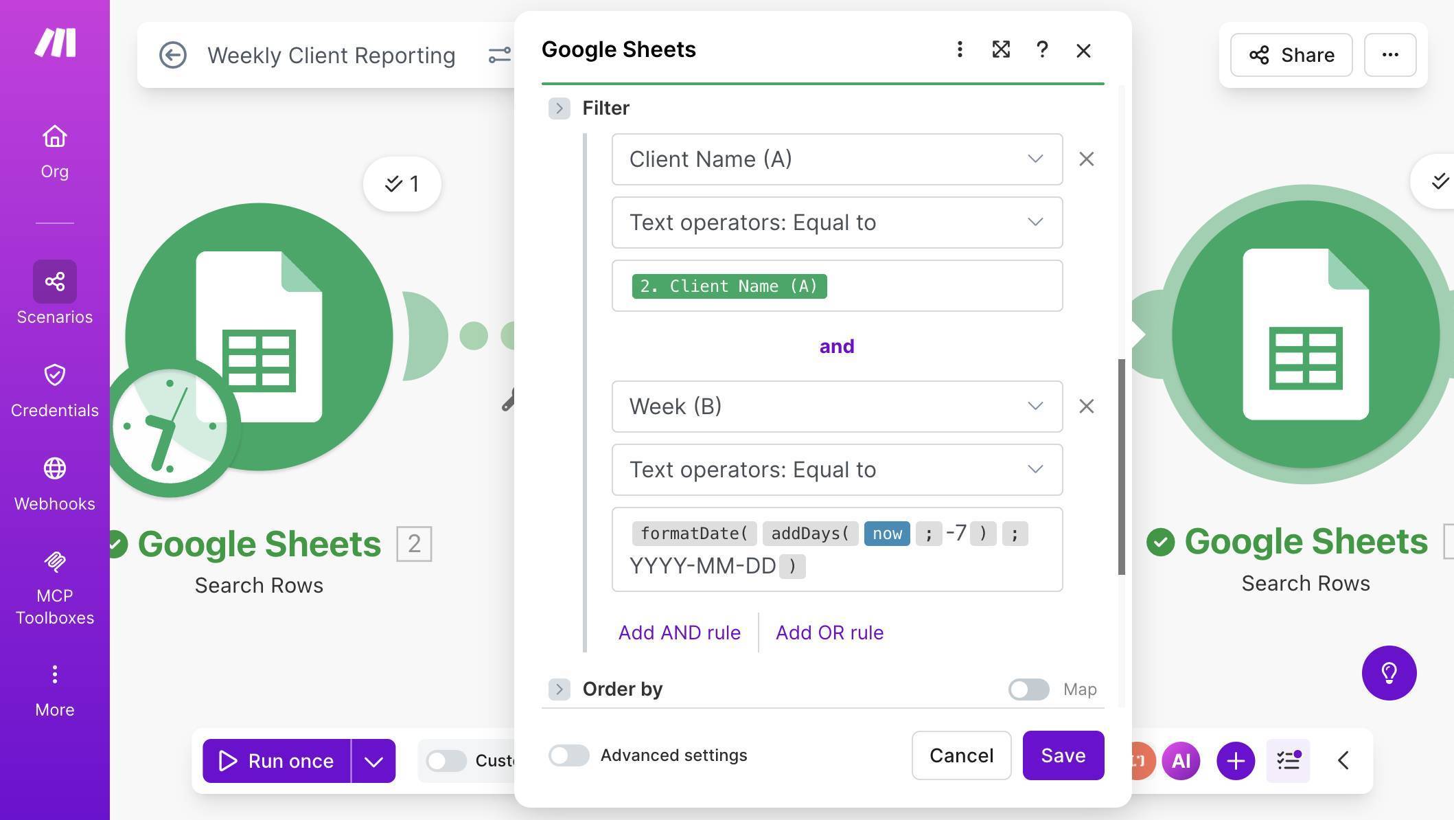 Metrics filter — Client Name mapped from first module AND Week matched with formatDate formula